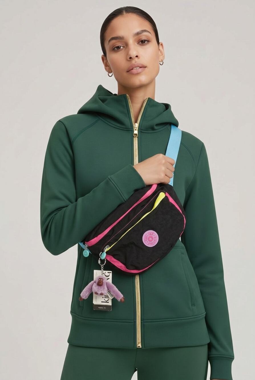 NWT Kipling Yasemina Rainbow Black Travel Waist Bag Sling Bag 12x7